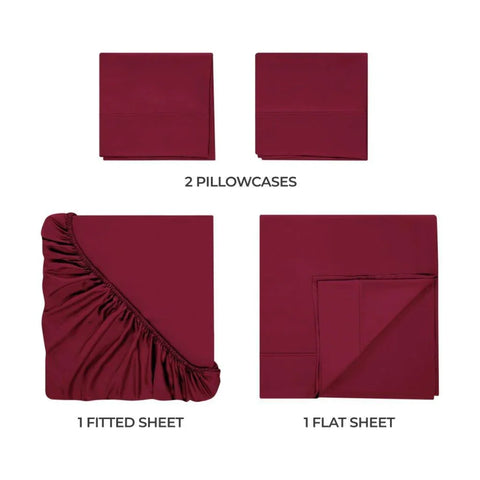 Burgundy Egyptian cotton sheet set with fitted, flat sheets and two pillowcases
