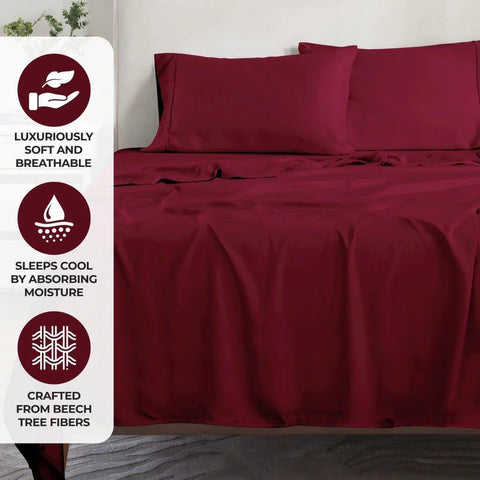 Luxuriously soft burgundy bed sheets crafted from beech tree fibers, breathable and moisture-wicking for cool sleep