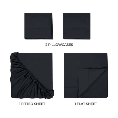 Black Egyptian cotton sheet set with fitted, flat sheets and two pillowcases for luxury bedding