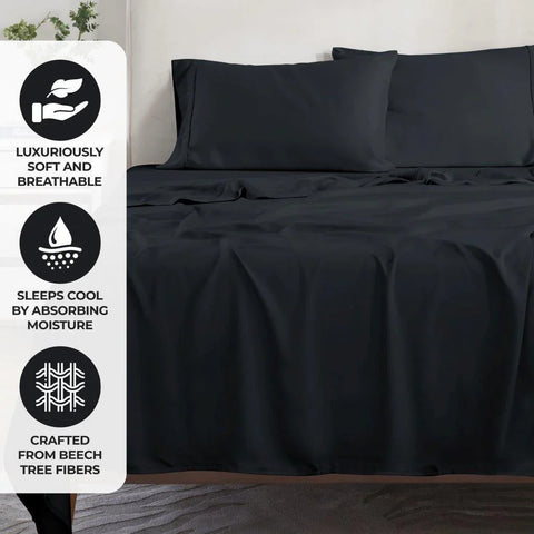 Black luxury bedding set, soft breathable sheets crafted from beech tree fibers, sleeps cool & comfortable