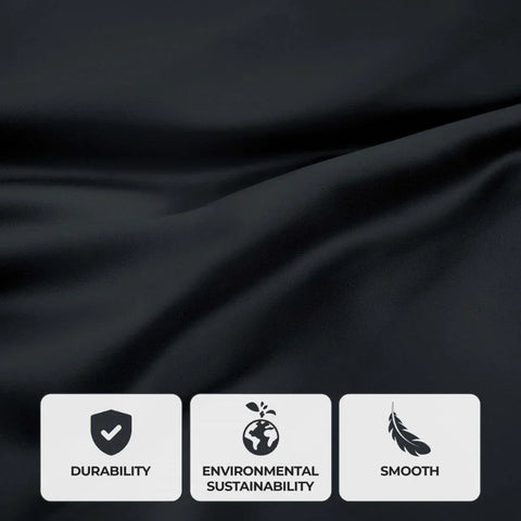 Luxury black bedding fabric highlighting durability, eco-friendly sustainability, and smooth texture for premium comfort.