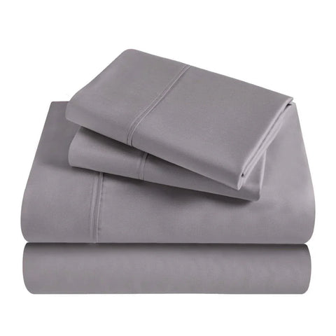 Gray Egyptian cotton bed sheets set, luxury bedding folded neatly for bedroom comfort