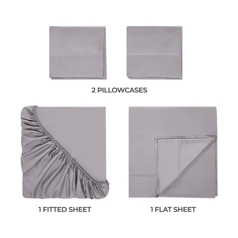 Gray 4-piece Egyptian cotton sheet set with fitted, flat sheets and 2 pillowcases