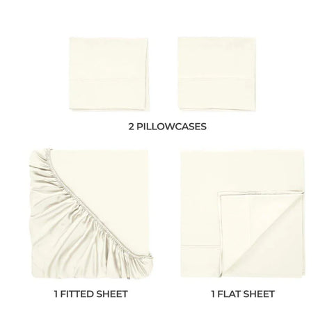 Cream Egyptian cotton sheet set with fitted sheet, flat sheet, and two pillowcases for luxury bedding