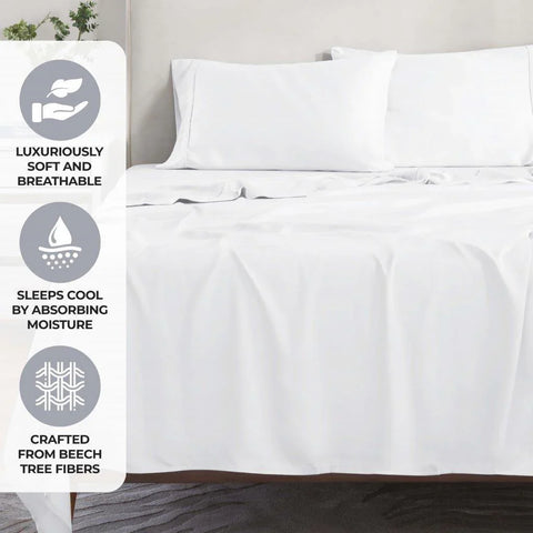 Luxuriously soft white bed sheets crafted from beech tree fibers, sleeps cool and breathable