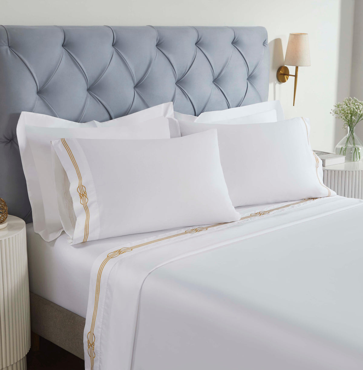 100% Cotton Bed Sheet Set Gold Embroidered Deep Pocket Moonlawn