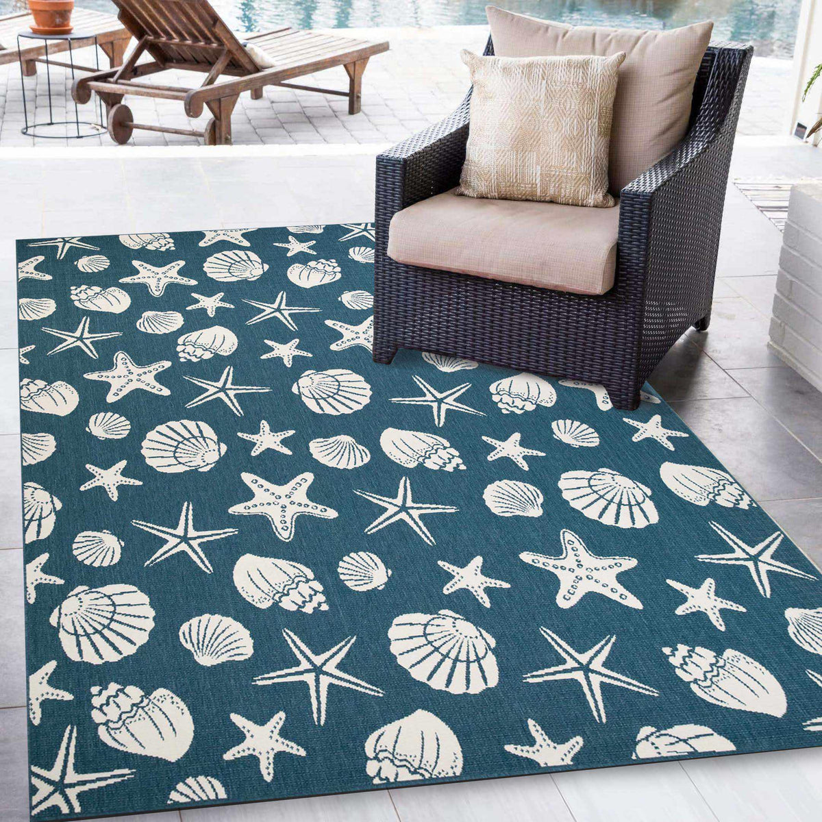 Nautical Seashells and Starfish Coastal Indoor Outdoor Area Rug