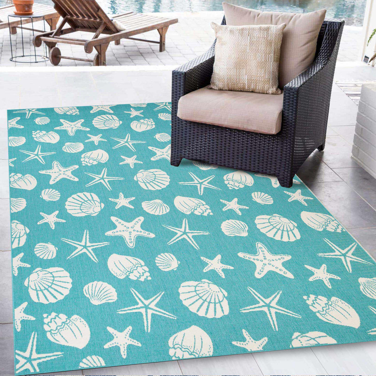 Nautical Seashells and Starfish Coastal Indoor Outdoor Area Rug