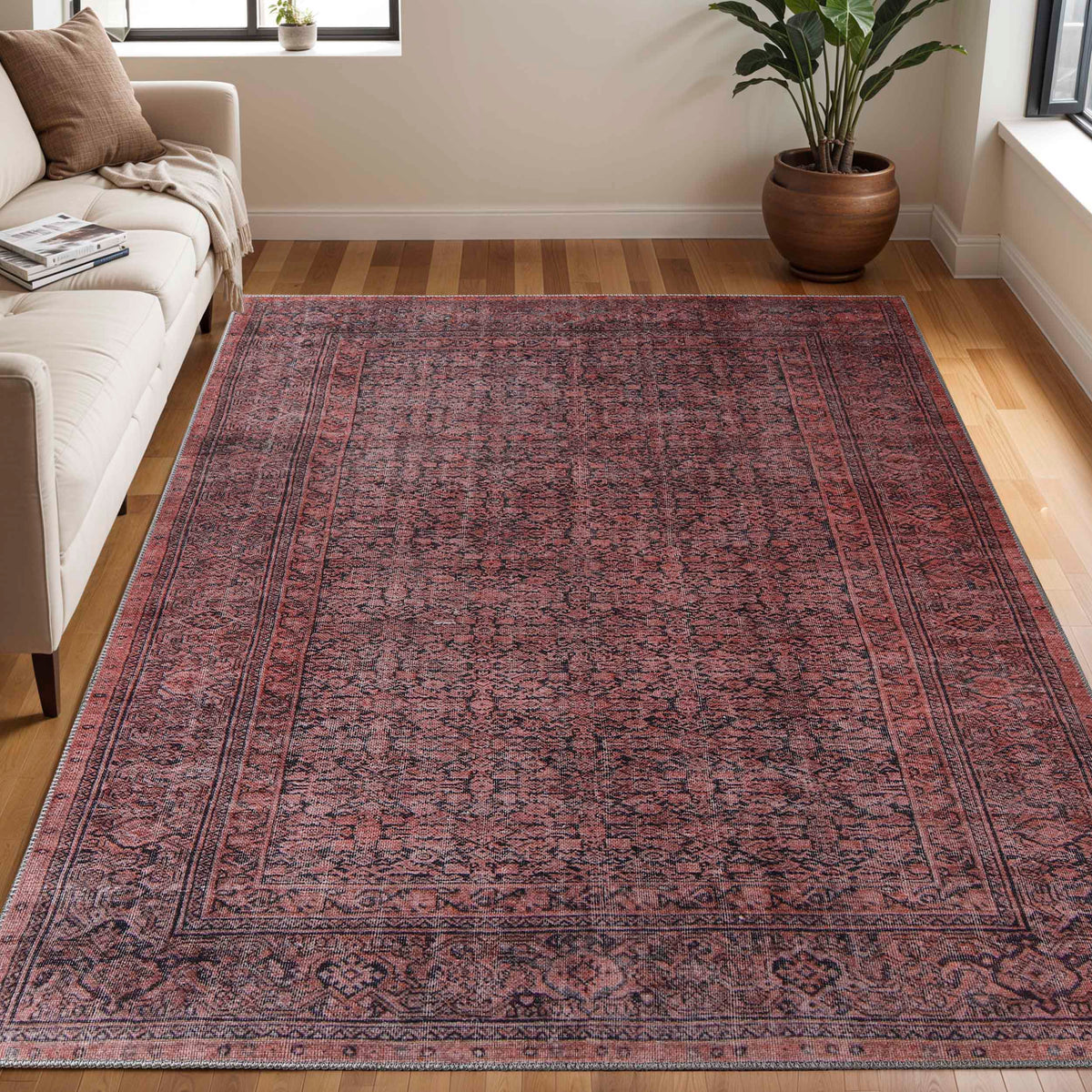 Oriental Vintage Medallion Power-Loomed Indoor Area Rug Garnet Red
