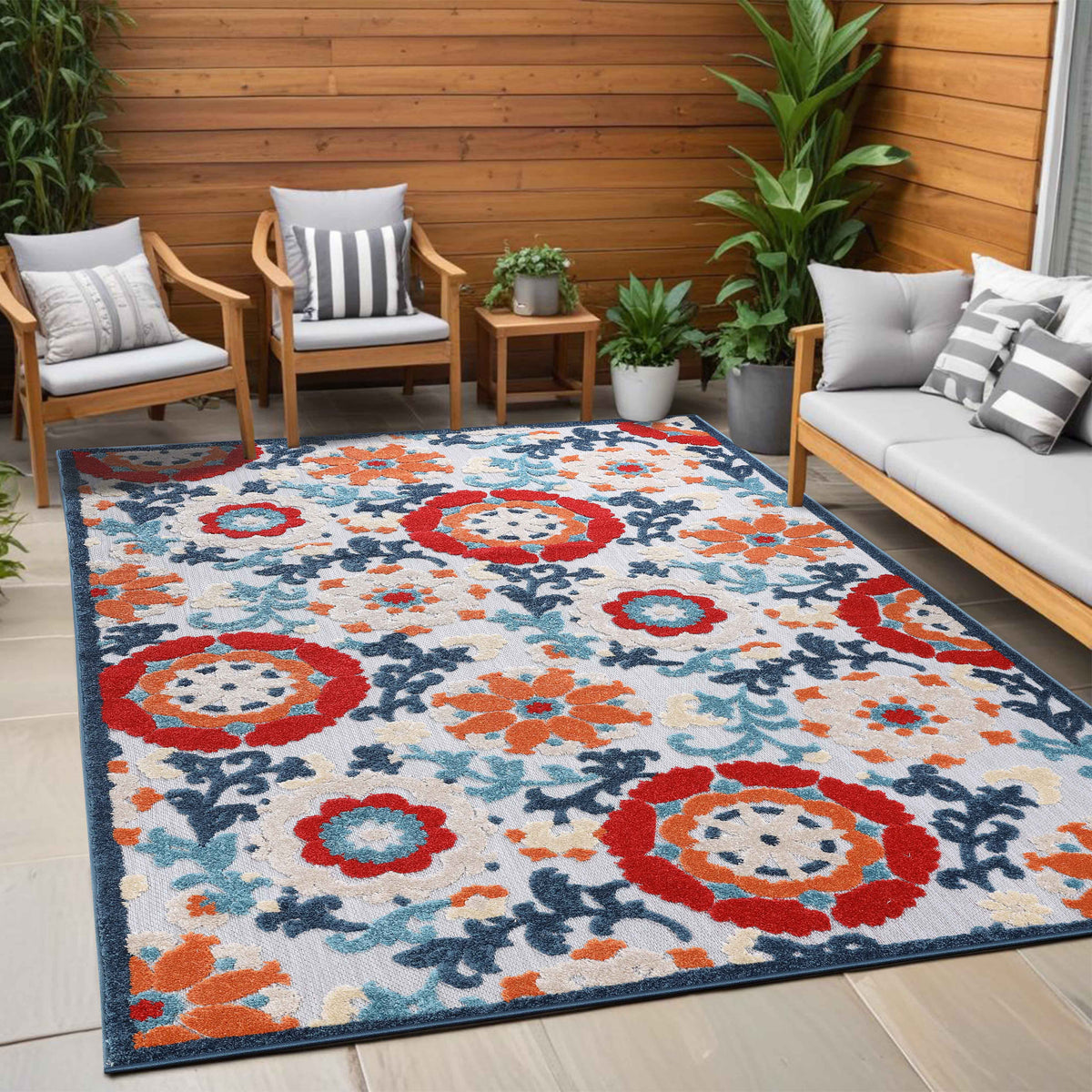 Petunia Vintage Floral Scroll Area Rug Indoor Outdoor Rugs
