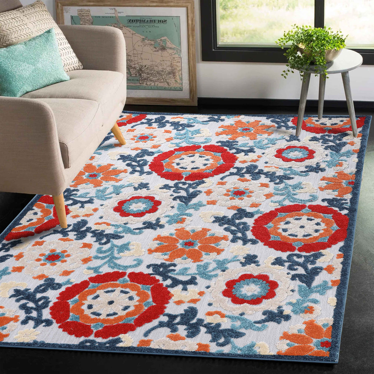 Petunia Vintage Floral Scroll Area Rug Indoor Outdoor Rugs