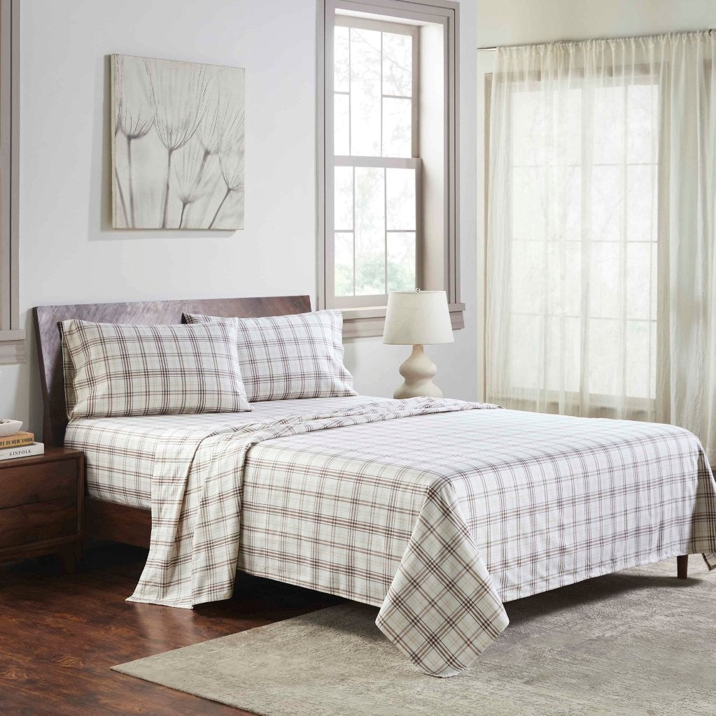 100% Cotton Flannel Plaid Bed Sheet Set - Classic Modern Farmhouse Deep Pocket
