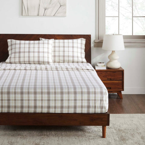 100% Cotton Flannel Plaid Bed Sheet Set - Classic Modern Farmhouse Deep Pocket