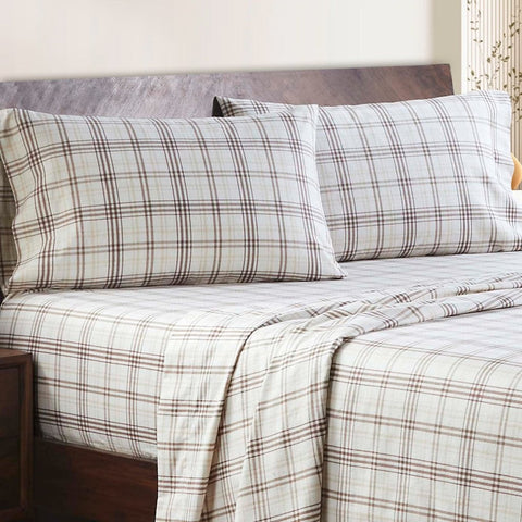 100% Cotton Flannel Plaid Bed Sheet Set - Classic Modern Farmhouse Deep Pocket