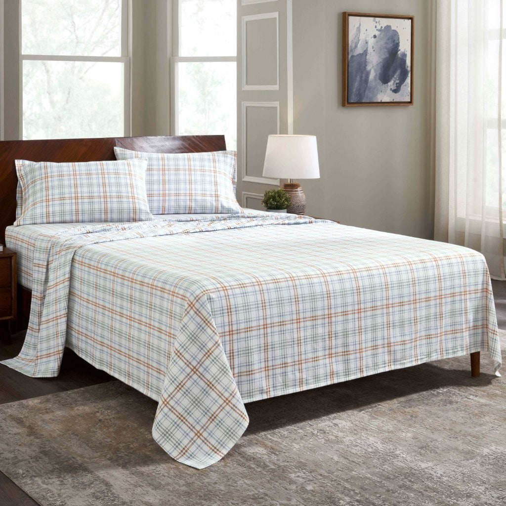 100% Cotton Flannel Plaid Bed Sheet Set - Classic Modern Farmhouse Deep Pocket