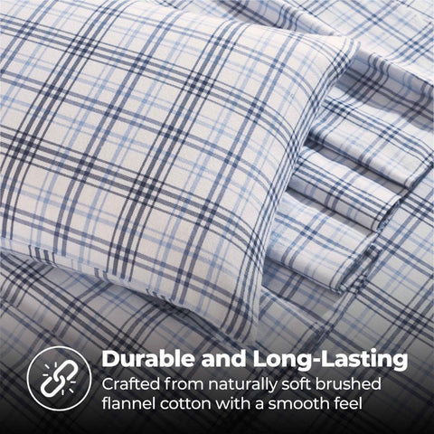 100% Cotton Flannel Plaid Bed Sheet Set - Classic Modern Farmhouse Deep Pocket