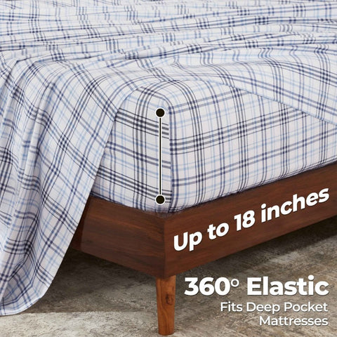 100% Cotton Flannel Plaid Bed Sheet Set - Classic Modern Farmhouse Deep Pocket