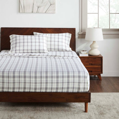 100% Cotton Flannel Plaid Bed Sheet Set - Classic Modern Farmhouse Deep Pocket