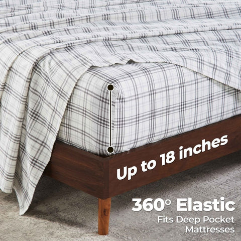 100% Cotton Flannel Plaid Bed Sheet Set - Classic Modern Farmhouse Deep Pocket
