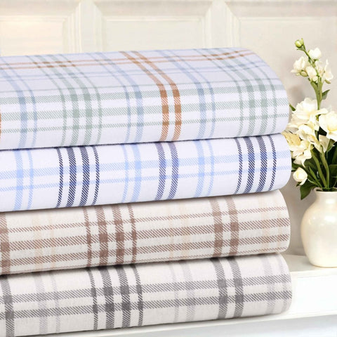 100% Cotton Flannel Plaid Bed Sheet Set - Classic Modern Farmhouse Deep Pocket