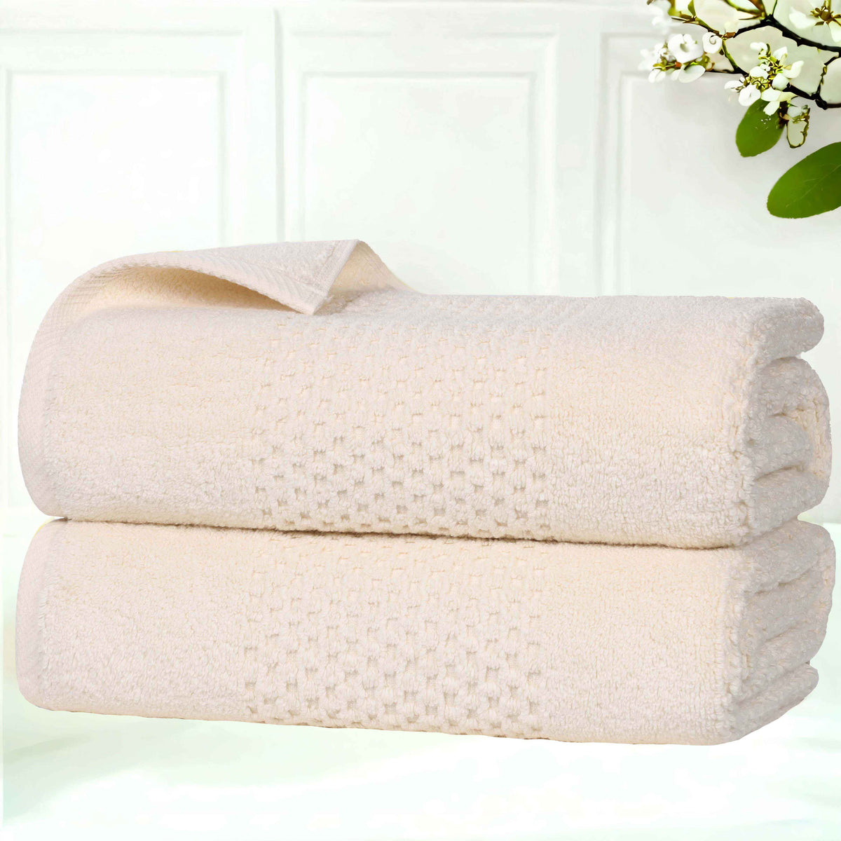 Zero Twist Cotton Solid Waffle Textured Bath Towel Set of 2