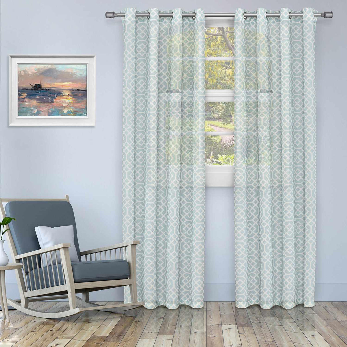 Printed Honey Comb Grommet Traditional Sheer Curtain Panel Set