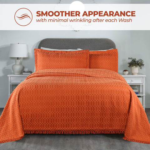Lightweight Cotton Bedspread Set 3-Piece Remi Geometric Fringe Jacquard