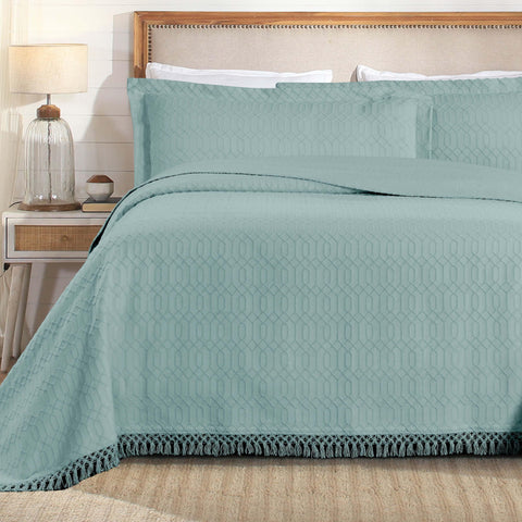 Lightweight Cotton Bedspread Set 3-Piece Remi Geometric Fringe Jacquard