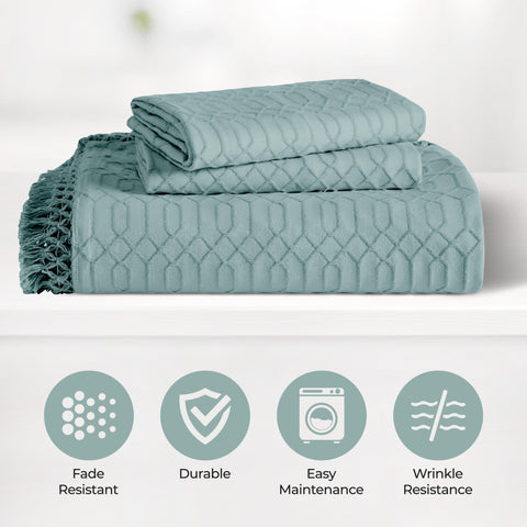 Lightweight Cotton Bedspread Set 3-Piece Remi Geometric Fringe Jacquard