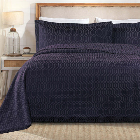 Lightweight Cotton Bedspread Set 3-Piece Remi Geometric Fringe Jacquard