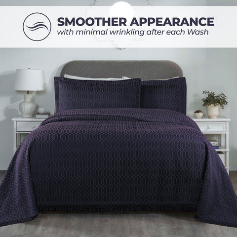Lightweight Cotton Bedspread Set 3-Piece Remi Geometric Fringe Jacquard