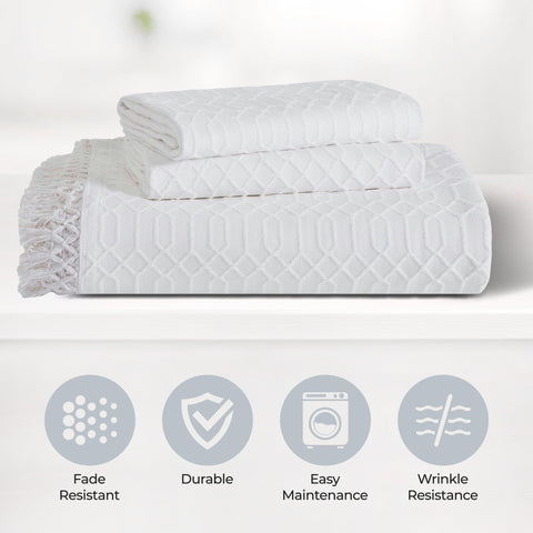 Lightweight Cotton Bedspread Set 3-Piece Remi Geometric Fringe Jacquard