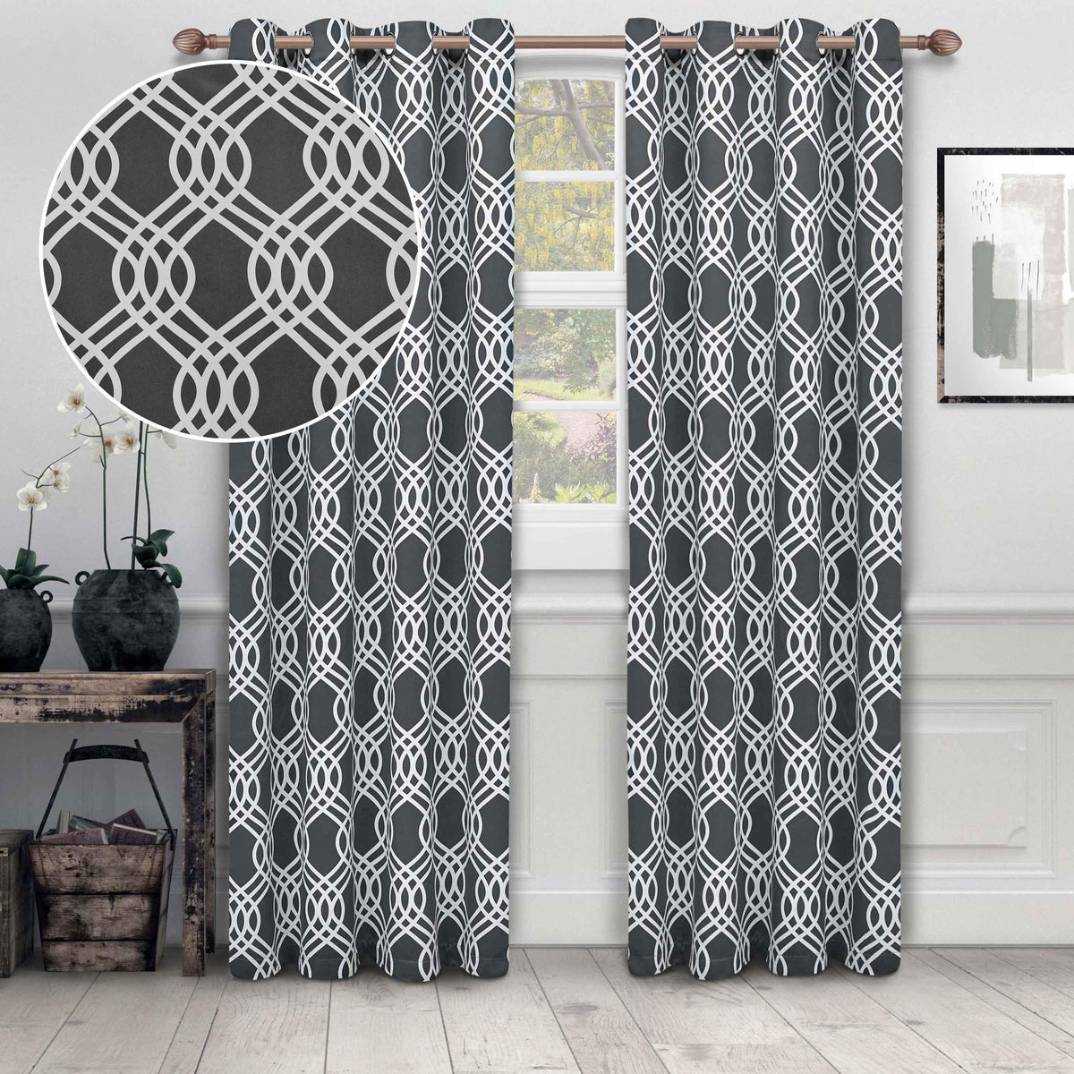 Ribbon Trellis Washable Room Darkening Blackout Curtains, Set of 2