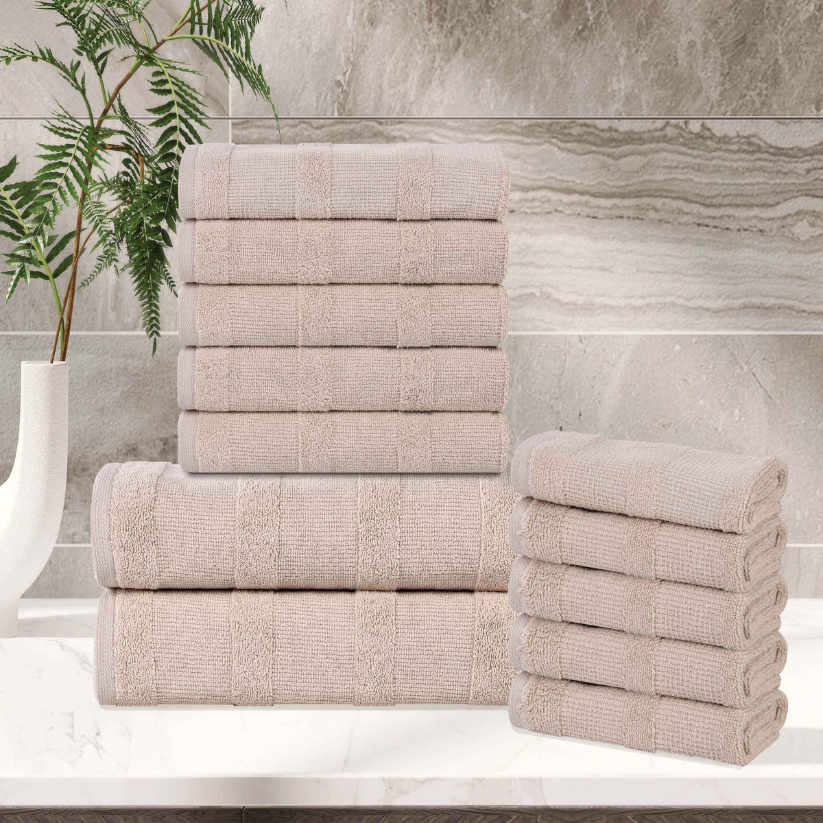 Roma Cotton Ribbed Textured Soft Absorbent 12 Piece Assorted Towel Set