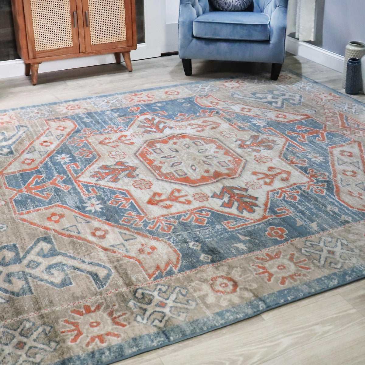 Rustic Distressed Geometric Design Indoor Area Rug