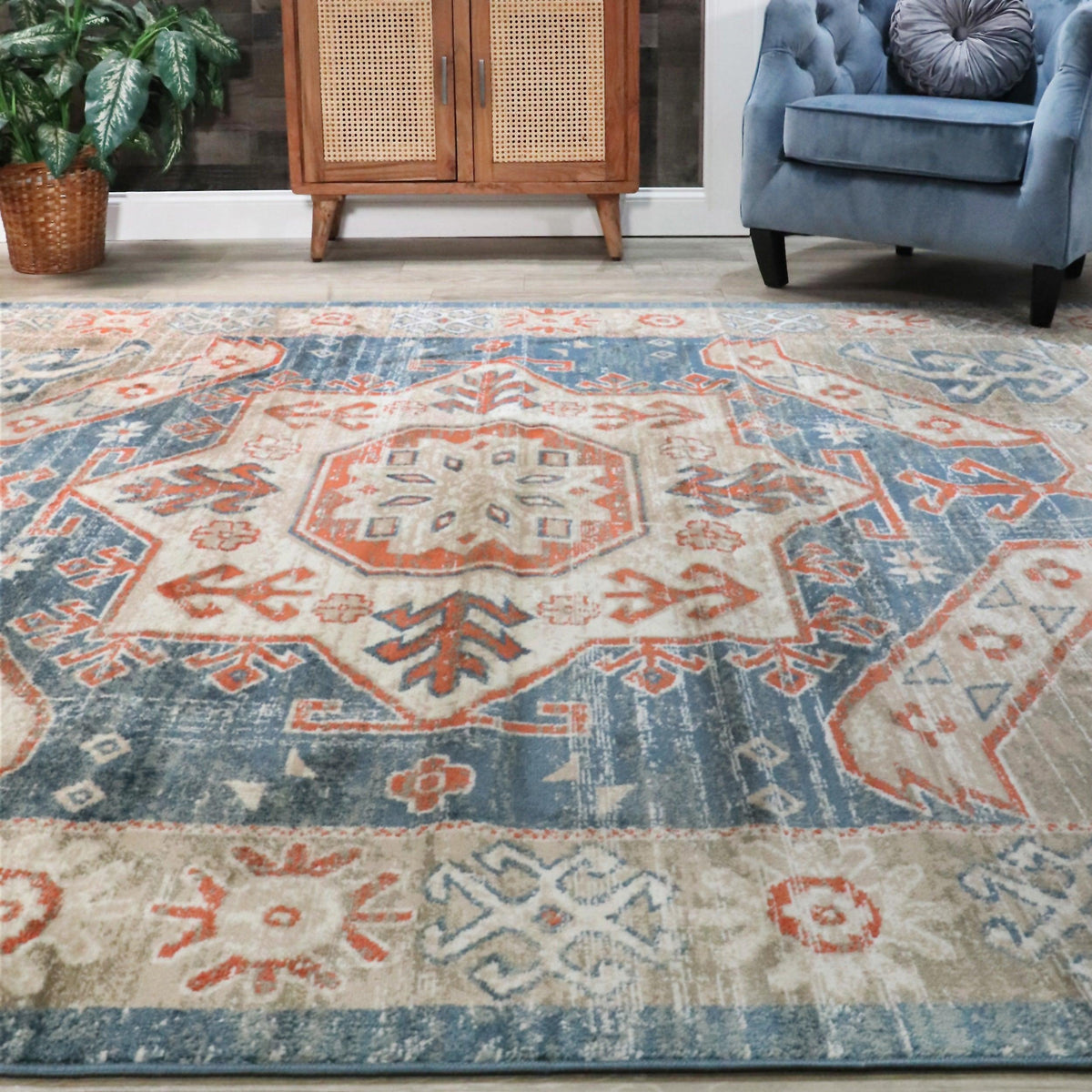 Rustic Distressed Geometric Design Indoor Area Rug