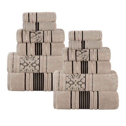 Sadie Zero Twist Cotton Solid and Jacquard Floral 12 Piece Towel Set