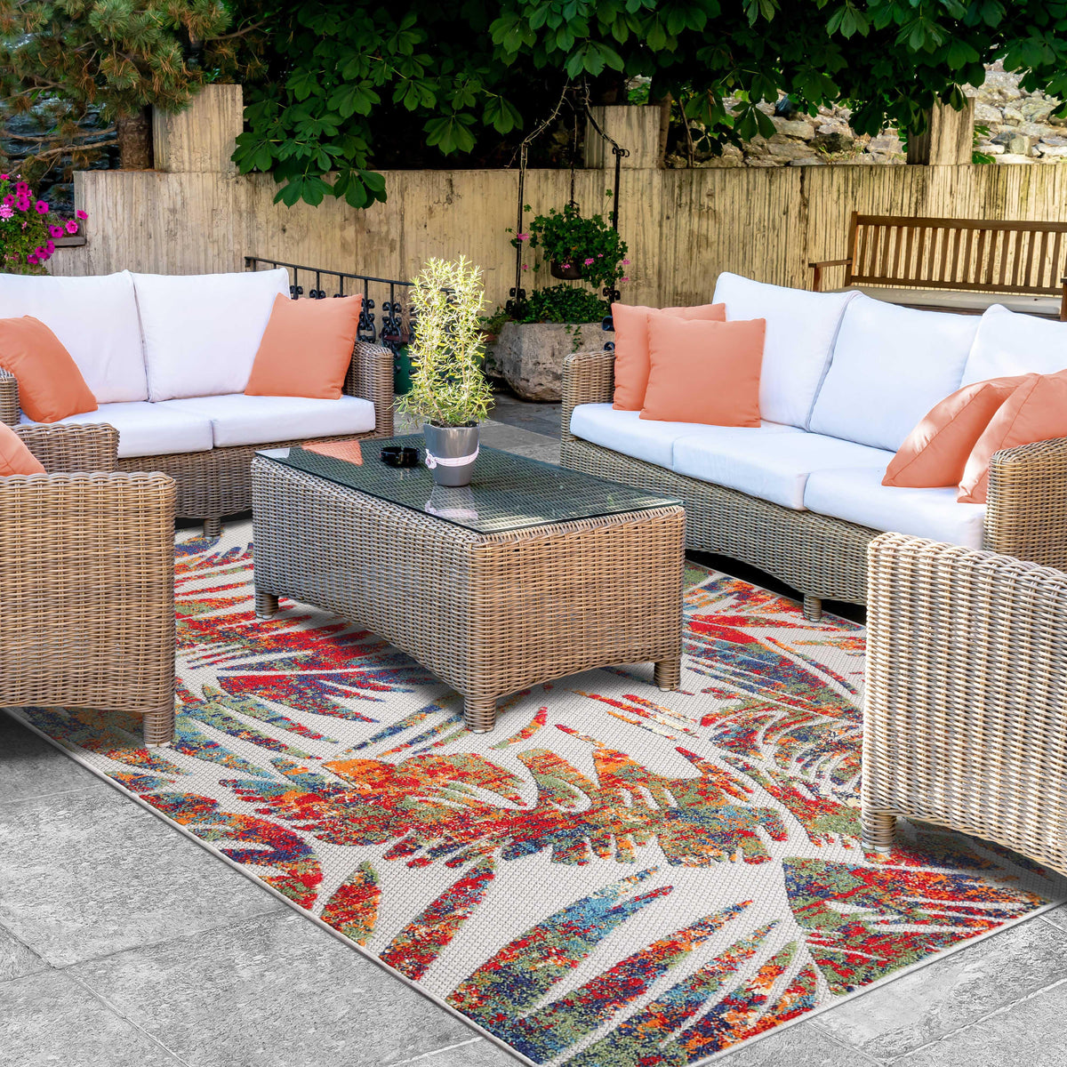 Siesta Botanical Leaves Geometric Area Rug Indoor Outdoor Rug