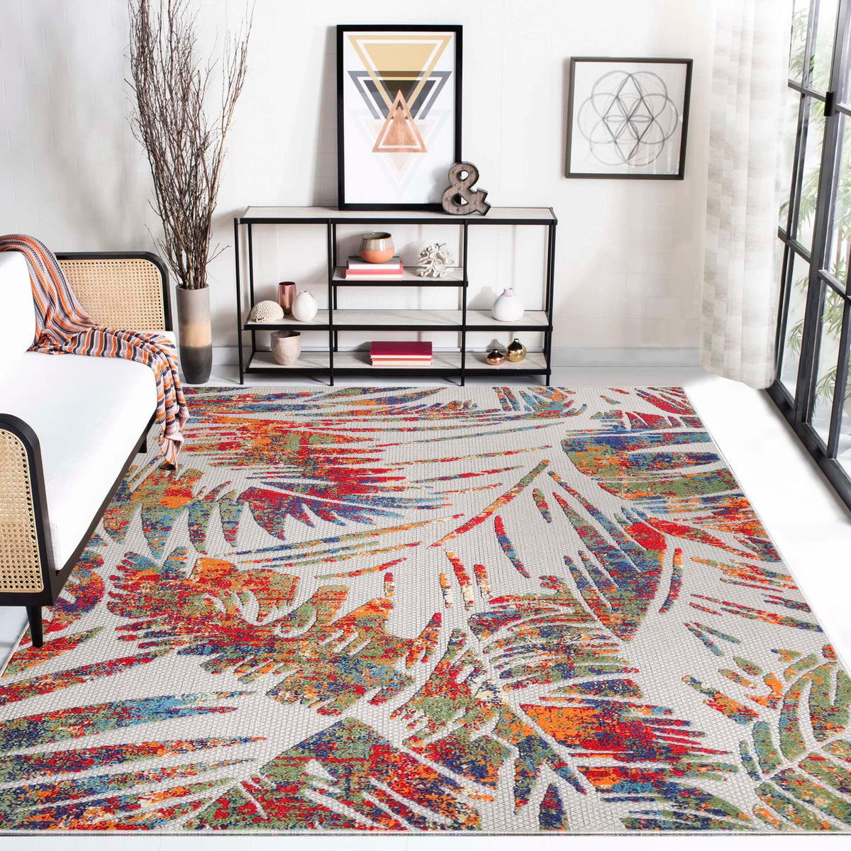 Siesta Botanical Leaves Geometric Area Rug Indoor Outdoor Rug