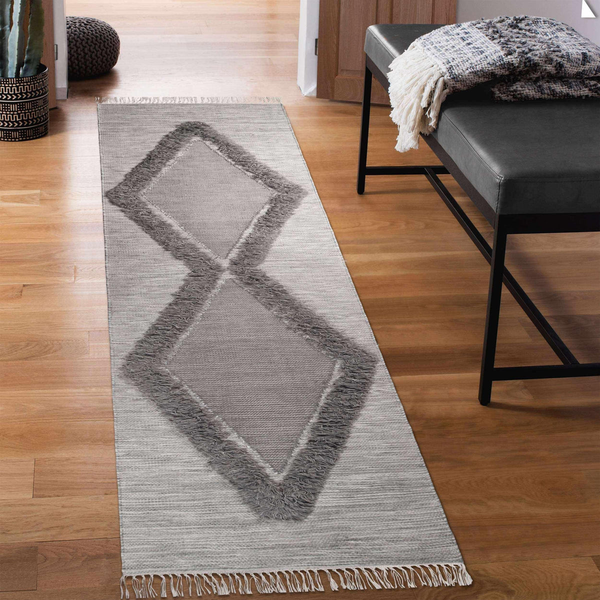Southwestern Wool Abstract Line Geometric Fringe Area or Runner Rug