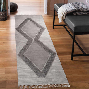 Southwestern Wool Abstract Line Geometric Fringe Area or Runner Rug