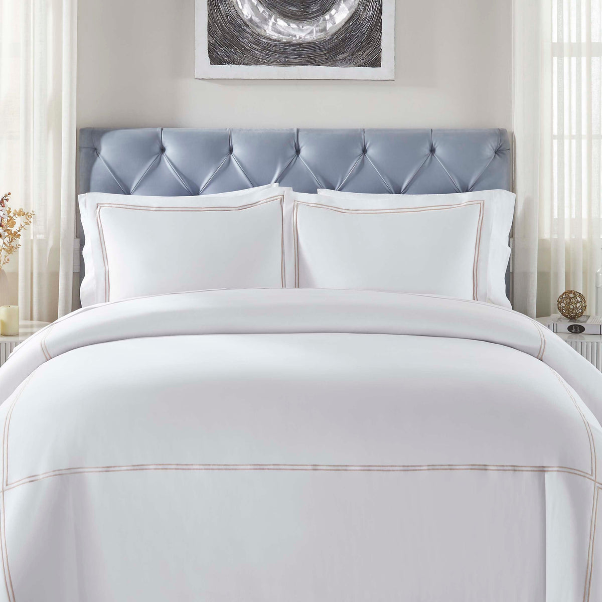 Spring Blooms Cotton Two-Line Embroidered 3 Piece Duvet Cover Set