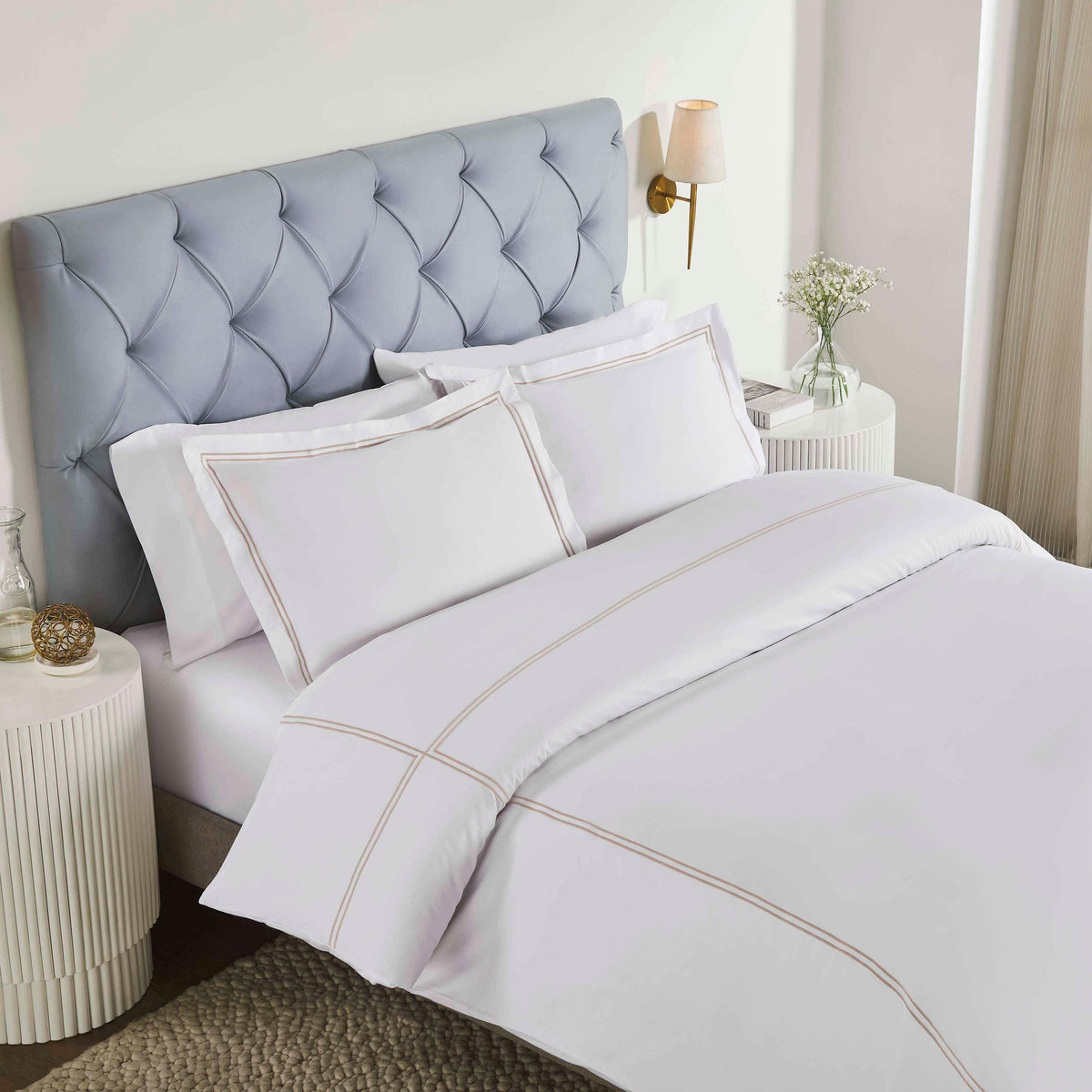 Spring Blooms Cotton Two-Line Embroidered 3 Piece Duvet Cover Set