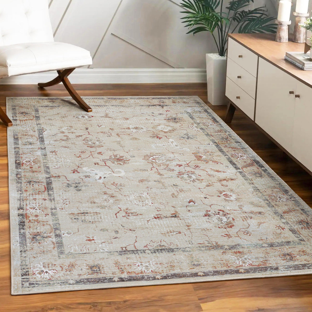 Swan Floral Scroll Non-Slip Washable Indoor Area Rug or Runner Rug