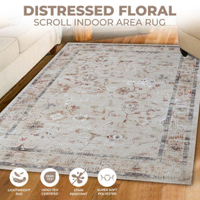 Swan Floral Scroll Non-Slip Washable Indoor Area Rug or Runner Rug