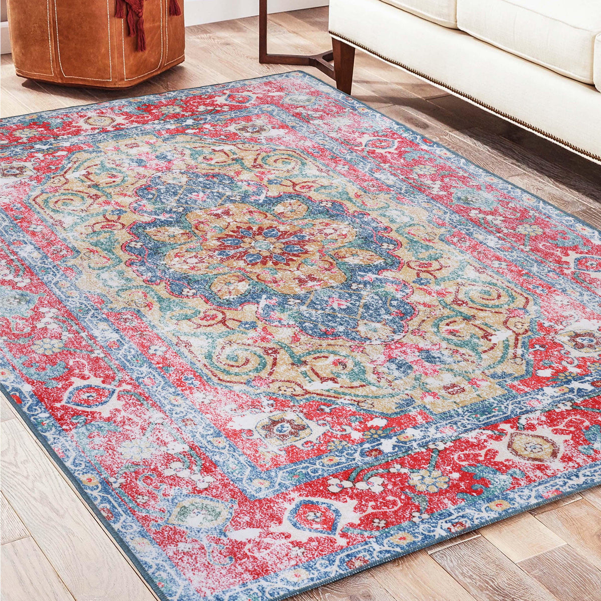 Tanager Rustic Medallion Non-Slip Washable Indoor Area Rug