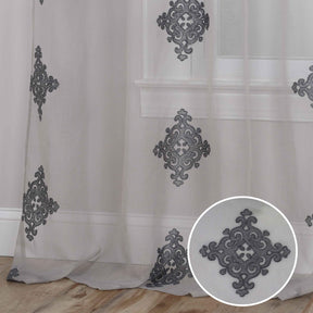 Traditional Embroidered Damask Sheer Grommet Curtain Panel Set