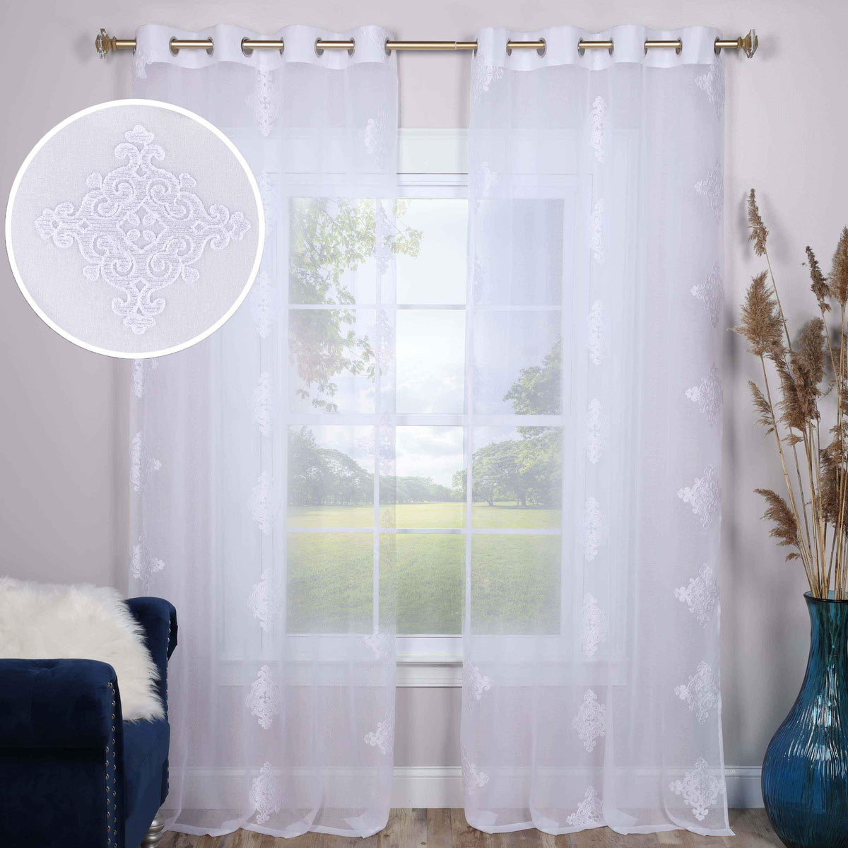 Traditional Embroidered Damask Sheer Grommet Curtain Panel Set