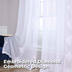 Traditional Embroidered Damask Sheer Grommet Curtain Panel Set