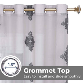 Traditional Embroidered Damask Sheer Grommet Curtain Panel Set